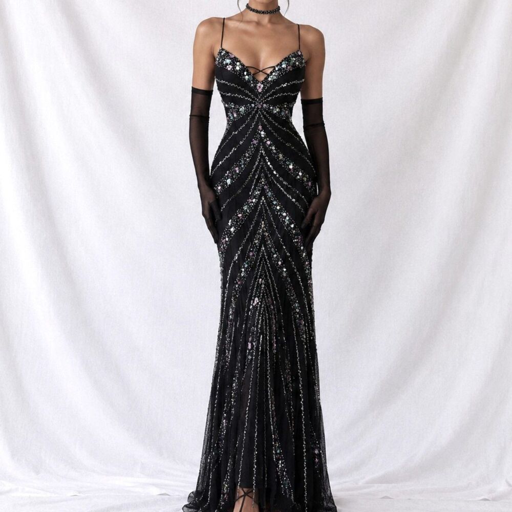 Vintage Y2K Black Knit Sequin Beaded Bodycon Mermaid Maxi Prom Dress Size S/M